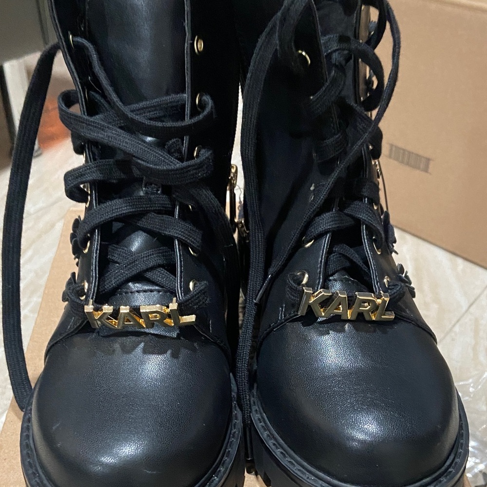 Karl Lagerfeld Black Combat Boots with Gold Accents Brand New no box